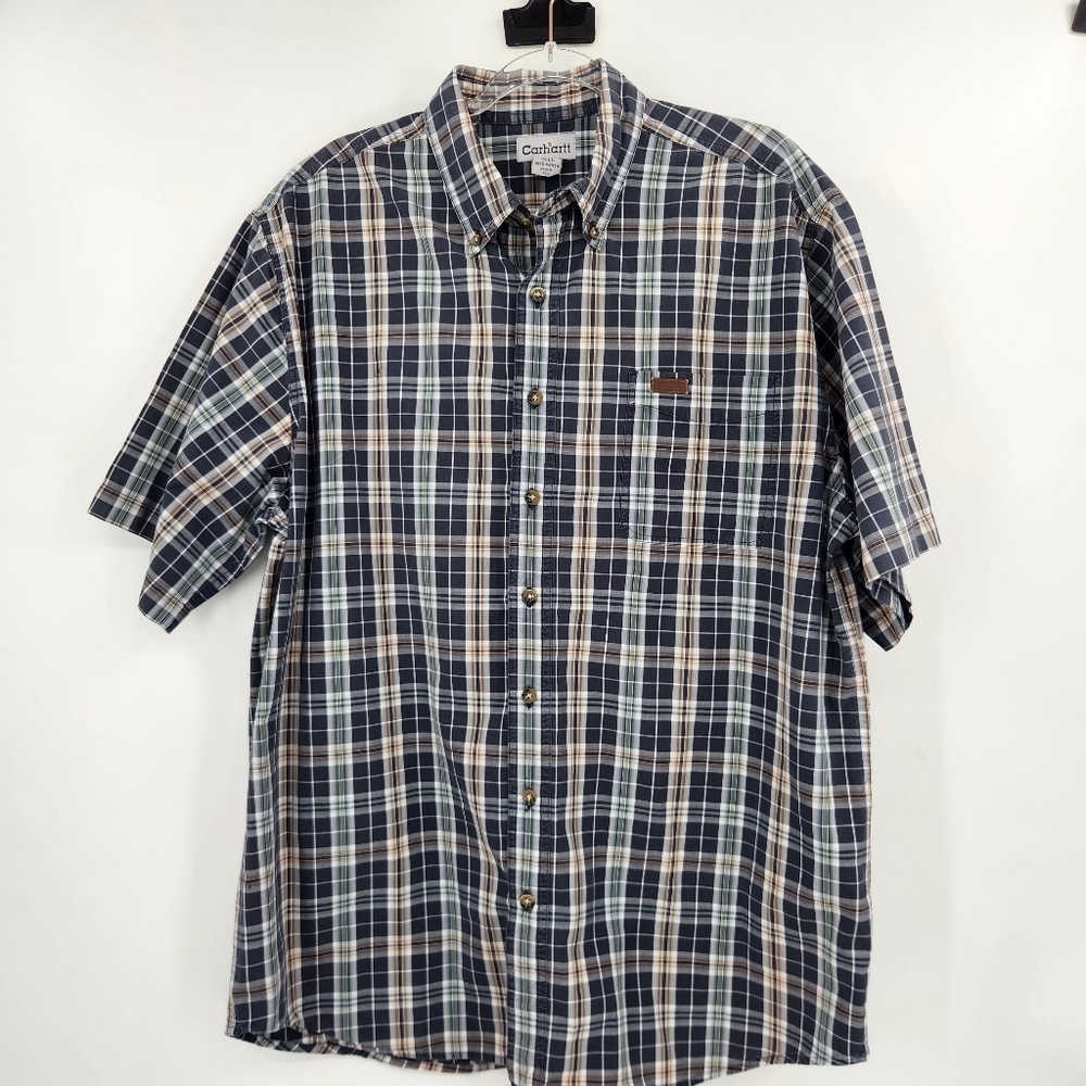 Carhartt Short Sleeve Button Front Shirt Mens Size XL Navy Blue Plaid Pocket
